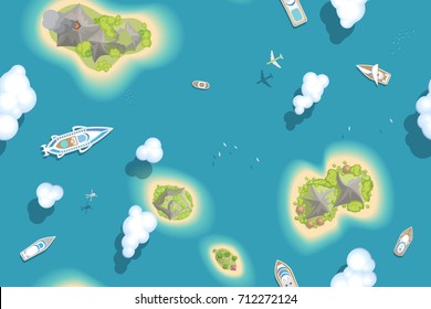 Seamless pattern. Summer vacation. The islands and ships. (top view) Vector illustration. Time to travel - sun, sea, island, sand, yacht, airplane, palm, clouds. (view from above)