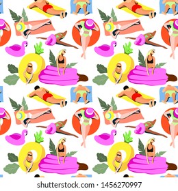 Seamless pattern. Summer vacation on a sandy beach. A lot of people are sunbathing_