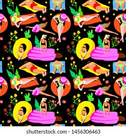 Seamless pattern. Summer vacation on a sandy beach. A lot of people are sunbathing