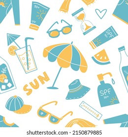 Seamless pattern with summer vacation and sun protection elements. Vector hand drawn background with beach umbrella, sunscreen, hats and sunglasses.