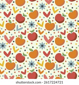 Seamless pattern summer vector illustration with fruits apples, peach, flowers, hearts and colorful polka dots. Simple cute illustrations are hand-drawn in cartoon style on a light background.