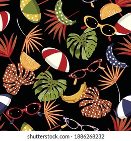 Seamless pattern summer vibes ,hand drawn beach elements such as sunglasses, palm leaves,banana, orange, umbrella,Design for fashion , fabric, textile, wallpaper, cover, web , wrapping on black