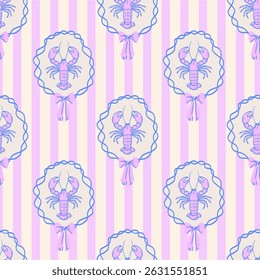 Seamless pattern summer vibes Italy. Hand draw vintage lobster in ribbon frame with bow. Vacation vector illustrations in ink line doodle sketch image.