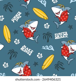 Seamless Pattern Summer Vibes With Shark And Surfboard, Vector Cartoon Illustration