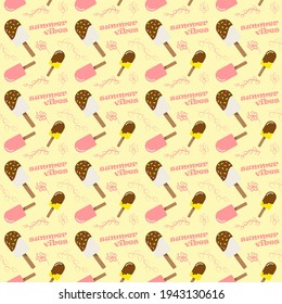 Seamless pattern summer vibes with sketched butterfly, plants, and ice cream on yellow background