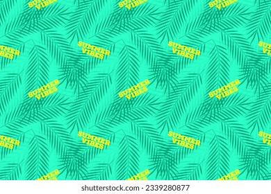 Seamless pattern with summer vibes text and tropical palm leaves with shadows, editable stroke, vibrant green background