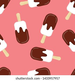 Seamless pattern summer white ice cream with chocolate on pink background. Wallpaper textile gift wrap.