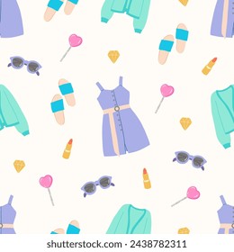 Seamless pattern with summer women clothes. Sundress, jacket, sandals, sunglasses. Cute girly design. Hand drawn vector illustration