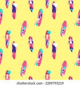 Seamless pattern for summer women's clothing with girls floating on surfboards. Women relax on vacation at the sea or ocean and sunbathe. Flat vector illustration.