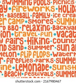 Seamless Pattern Of Summer Words. Summer Theme Typography For Backgrounds, Wallpaper, Fabric, Gift Wrap, Cards. Vector Illustration