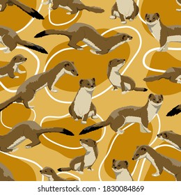 Seamless pattern. Summer-colored brown ermines. Males, females and young of Mustela erminea. Realistic vector illustration
