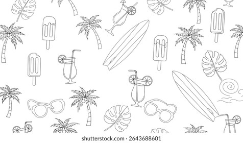A seamless pattern of summer-themed line art, featuring palm trees, surfboards, cocktails, ice cream, sunglasses, and tropical leaves.