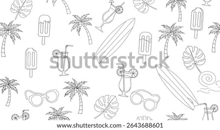 A seamless pattern of summer-themed line art, featuring palm trees, surfboards, cocktails, ice cream, sunglasses, and tropical leaves.