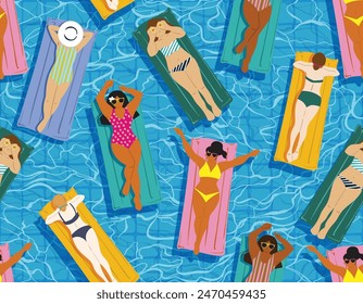 Patrón sin costuras Vacaciones de verano linda chica en traje de baño flotando en caucho inflable colorido en agua de piscina azul. Ilustración vectorial, diseño para la moda, tela, textil y todos los estampados 