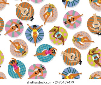 Seamless Pattern Summertime holidays cute Girl in swimsuit floating on colorful inflatable rings in pool water.  vector Illustration , Design for fashion , fabric, textile, and all prints 