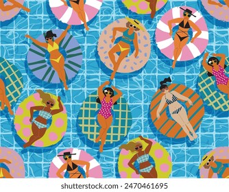 Seamless Pattern Summertime holidays cute Girl in swimsuit floating on colorful inflatable rings in Blue pool water.  vector Illustration , Design for fashion , fabric, textile, wallpaper , wrapping a