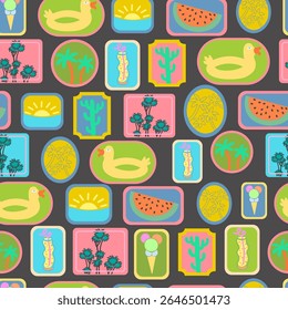 seamless pattern with summertime trip stamp set in doodle style. Ornament for decor postcard design print poster background wallpaper wrapping packaging textile banner backdrop