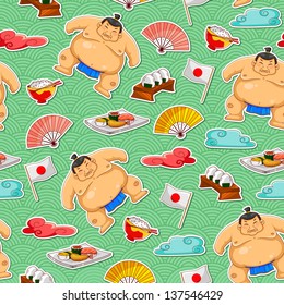 seamless pattern with sumo wrestlers and Japanese symbols (JPEG available in my gallery)