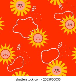 Seamless pattern with sun and abstract elements. Contemporary composition. Boho wall decor. Mid century art print. Trendy texture for print, textile, packaging and wrapping paper.
