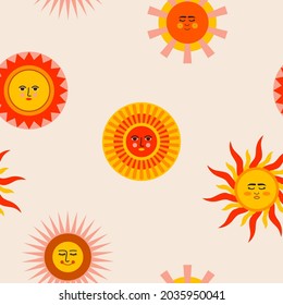 Seamless pattern with sun and abstract elements. Contemporary composition. Boho wall decor. Mid century art print. Trendy texture for print, textile, packaging and wrapping paper.