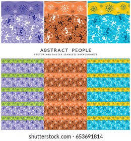 Seamless pattern with sun and abstract people dancing. Vector graphic illustration in blue, brown, orange, violet and yellow colors. 