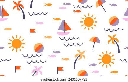 Patrón inmaculado con sol, bola de playa, paraguas, pescado, yate marino, palmera. Fondo de verano para su diseño