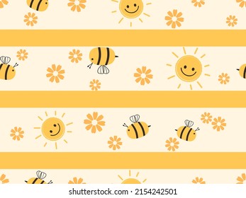 Seamless pattern with sun, bee cartoons and cute flower on stripe yellow background vector illustration. 