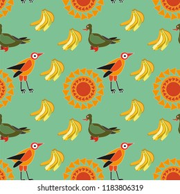 Seamless pattern with sun, birds and bananas on a dirty blue background. African motifs. Vector illustration