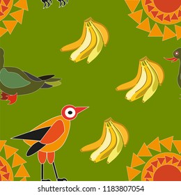 Seamless pattern with sun birds and bananas. African motifs. Vector illustration