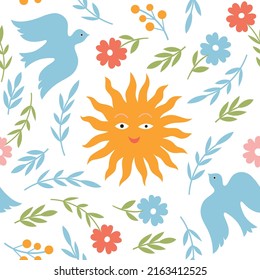 Seamless pattern with sun, birds and flowers. 