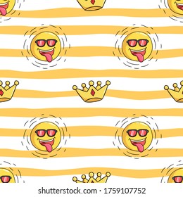 patrón sin fisuras de dibujos animados solares con gafas con corona y con estilo doodle