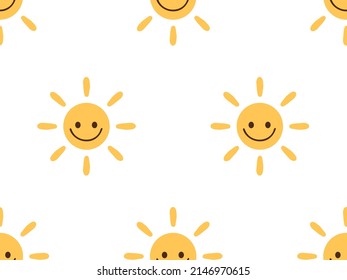 Patrón sin inconvenientes con dibujos animados solares sobre ilustración vectorial de fondo blanco. Huella infantil.