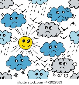 Seamless pattern with sun, cloud, rain, bird on white background. Cartoon weather background. Vector illustration.
