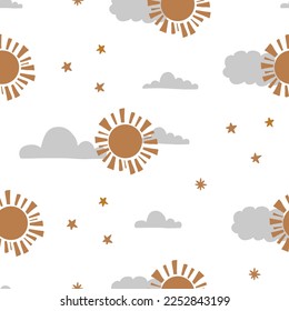 Seamless pattern with the sun in the clouds. Boho summer kids print. Earthy warm trendy colors. Sunny abstract geometric shapes modern design of children's fabric.