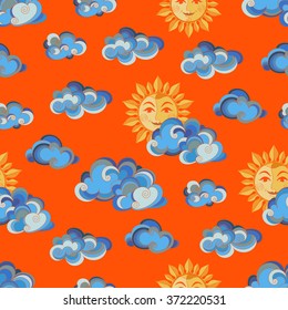 Seamless pattern with sun and clouds. Cartoon style. Red background.