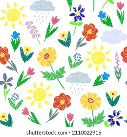 Seamless pattern - sun, clouds, field, meadow, garden, various bright flowers. Drawing in the style of a children's doodle. doodles are drawn by a child's hand with colored pencils. Baby primitive