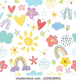 Seamless pattern with sun, clouds, flowers, hearts and polka dots.