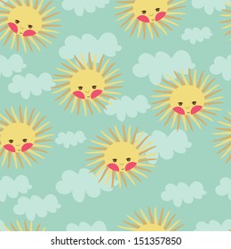 Seamless pattern with sun and clouds on blue background