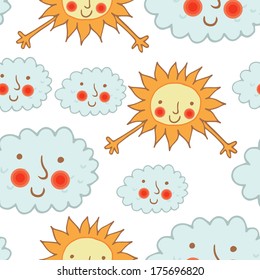 Seamless pattern with sun and clouds on white background