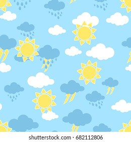 Seamless pattern with sun. clouds, rain and rainbow . Wallpaper for children room. Weather  background