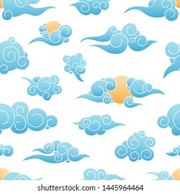 Seamless pattern with sun and clouds in traditional Chinese style on white background. Oriental decorative backdrop with weather phenomena. Flat vector illustration for wrapping paper, textile print.