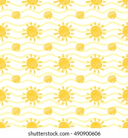 Seamless pattern with sun and dots hand drawn by marker. Sunshine repeating texture in yellow colors. Original background for print, textile, wallpapers and wrapping design. Vector eps10 illustration.