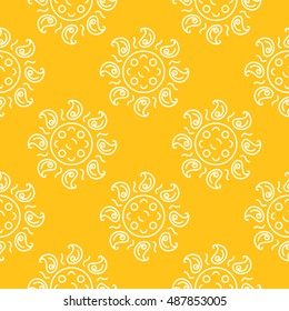 Seamless pattern with sun in ethnic tribal  style on orange background. Vector illustration.