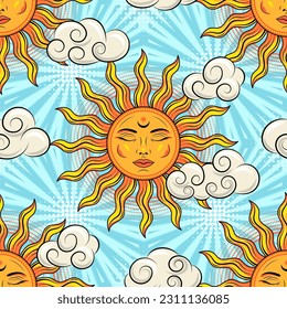 Seamless pattern with sun with face, clouds, halftone shapes. Blue background behind with rays, beams, stripes. Groovy, hippie style. Good for apparel, fabric, textile, kids design.