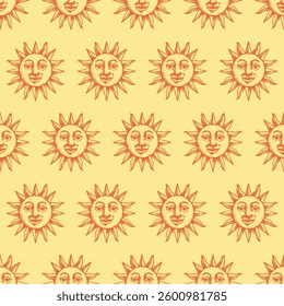 Seamless pattern sun with a face engraving style hand draw