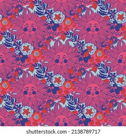 seamless pattern with sun and flowers blue, crimson, red colors