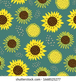 Seamless pattern with sun flowers. Cute hand drawn cartoon childish drawing style. Colorful background with ink texture vector illustration, good for fashion textile print.