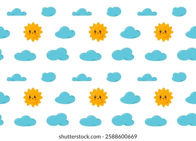 A seamless pattern of sun and fluffy blue clouds on a white background. Perfect for baby textiles, wallpapers, and digital designs.