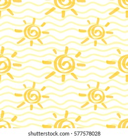 Seamless pattern with sun hand drawn by marker. Sunshine repeating texture in yellow colors. Original background for prints, textile, wallpapers and wrapping design. Vector eps10 illustration.