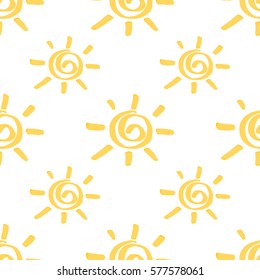 Seamless pattern with sun hand drawn by marker. Sunny repeating texture in yellow colors. Original background for prints, textile, wallpapers and wrapping design. Vector eps10 illustration.